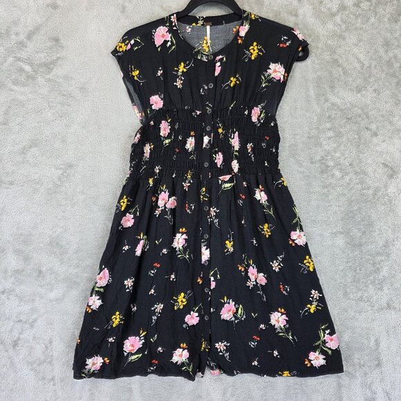 Free People Dress Womens Small Black Floral Button Front Smocked Waist Rayon - Picture 1 of 12